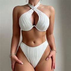 White Texture Swimsuit Cover Ups Halter Bikinis Hollow Out Swimwear Beach Wear Bathing Suit 3 Piece Bikini Set