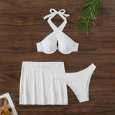 White Texture Swimsuit Cover Ups Halter Bikinis Hollow Out Swimwear Beach Wear Bathing Suit 3 Piece Bikini Set