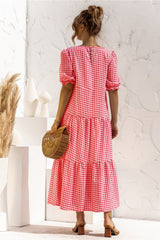 Puff Sleeve Polka Dot Plaid Patchwork Long Dress