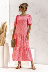 Puff Sleeve Polka Dot Plaid Patchwork Long Dress