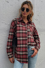 Red Plaid Lapel Single-Breasted Shirt