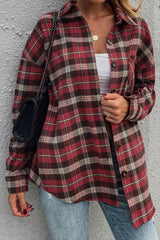 Red Plaid Lapel Single-Breasted Shirt