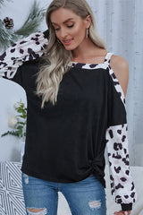 Leopard Print Panelled Side Off-Shoulder T-shirt