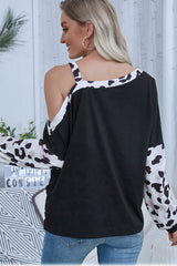Leopard Print Panelled Side Off-Shoulder T-shirt