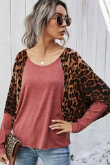 Leopard Print Stitching One-neck Bat Sleeve Top