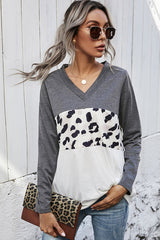 Leopard Print Stitching V-Neck Loose T-Shirt