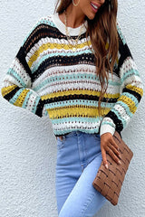 Mix-Color Striped Patchwork Hollow Sweater