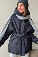 Elegant Tie Belt Loose Arygle Hooded Parkas
