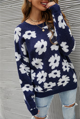 Flower Round Neck Blue Knit Pullover