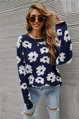 Flower Round Neck Blue Knit Pullover