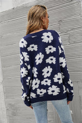 Flower Round Neck Blue Knit Pullover