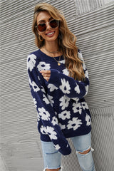 Flower Round Neck Blue Knit Pullover