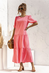 Puff Sleeve Polka Dot Plaid Patchwork Long Dress