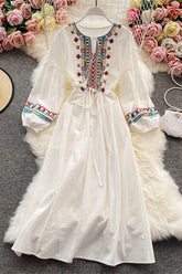 Long Sleeve Bandage Bress Vintage Floral Embroidery Dress