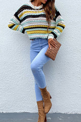 Mix-Color Striped Patchwork Hollow Sweater