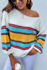 Off-Shoulder Contrast Rainbow Striped Sweater