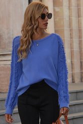 Fringed Solid Color Round Neck Sweater