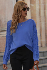 Fringed Solid Color Round Neck Sweater