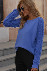 Fringed Solid Color Round Neck Sweater