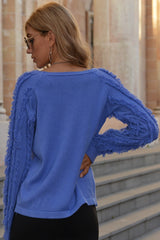 Fringed Solid Color Round Neck Sweater