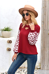 Cross Collar Leopard Sleeve T-shirt