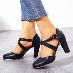 PU Cross Straps Thick Heel Sandals