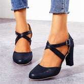 PU Cross Straps Thick Heel Sandals
