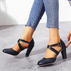 PU Cross Straps Thick Heel Sandals