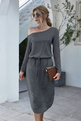 Off Shoulder Lace Up Pocket Slit Dress