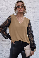 V-neck Stitching Lace Sleeve Top
