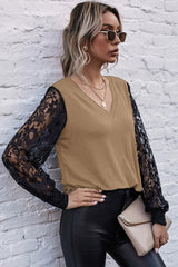 V-neck Stitching Lace Sleeve Top