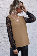 V-neck Stitching Lace Sleeve Top