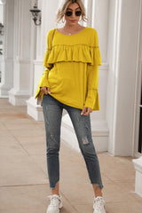 Ruffle Stitching Long-sleeved Solid Color T-shirt