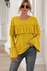 Ruffle Stitching Long-sleeved Solid Color T-shirt