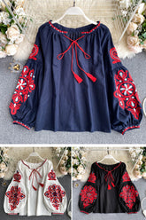 Lace-Up Tassel V-Neck Lantern Sleeve Tops