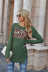 Leopard Print Stitching Round Neck Long Sleeve T-shirt