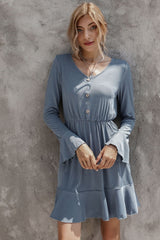 V-Neck Solid Color Long-Sleeved Dress