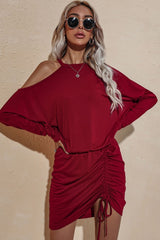Long Sleeved Off-Shoulder Drawstring Dress