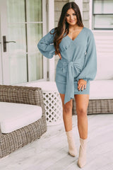 Long-Sleeved V-Neck Tie Solid Color Dress