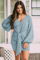 Long-Sleeved V-Neck Tie Solid Color Dress