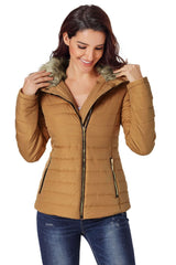 Faux Fur Collar Zipper Two-Pocket Jacket