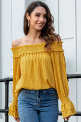 Off-shoulder Ruffled-Sleeve Loose Shirt