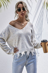 Long-sleeved Loose Knit Distressed Sweater
