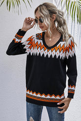 Loose Contrast Color Pullover V-neck Sweater