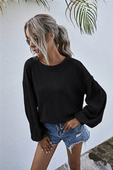 Round Neck Lantern Sleeve Casual Knitted Top