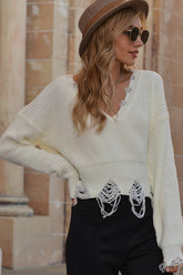 V-neck Fringed Worn Short Sweater