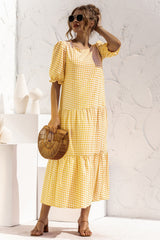 Puff Sleeve Polka Dot Plaid Patchwork Long Dress