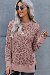 Leopard Print Round Neck Hem Split Top