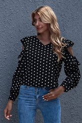 Wave V-neck Ruffled Long Sleeve T-shirt
