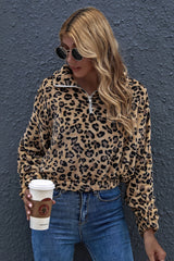 Leopard Print Lapel Zipper Fleece Pullover